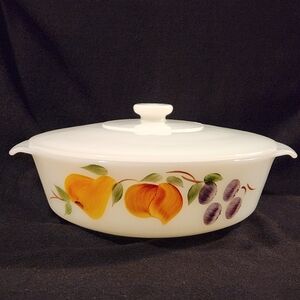 Fire King Hand Painted Fruit 438 2 QT Casserole Dish w/ White Lid Anchor Hocking